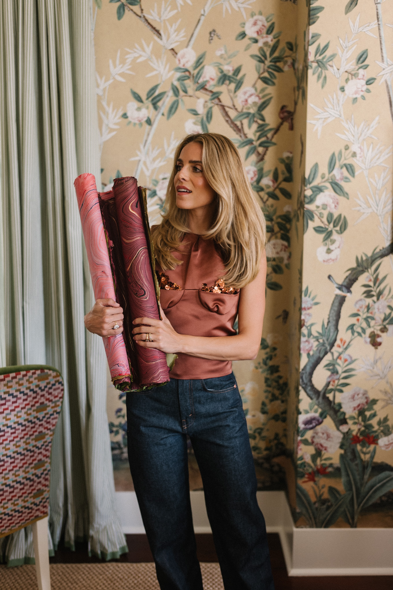 burnt red silk top blue jeans elegant wrapping paper