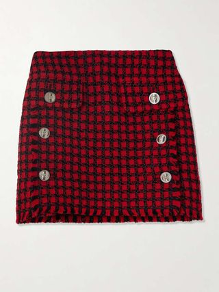 Versace Button-Embellished Frayed Checked Tweed Mini Skirt