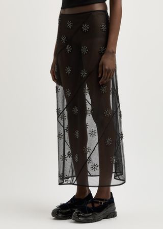 Crystal-Embellished Sheer Tulle Midi Skirt