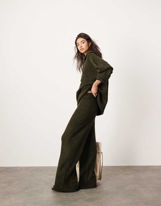 Asos Edition Knitted Rib Wide Leg Trouser Co-Ord in Khaki