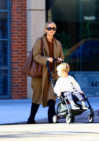 Jennifer Lawrence wearing a collarless coat in L.A.