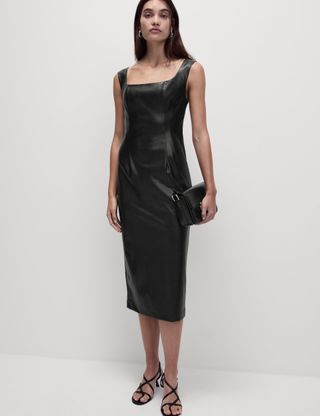 Faux Leather Square Neck Midi Column Dress