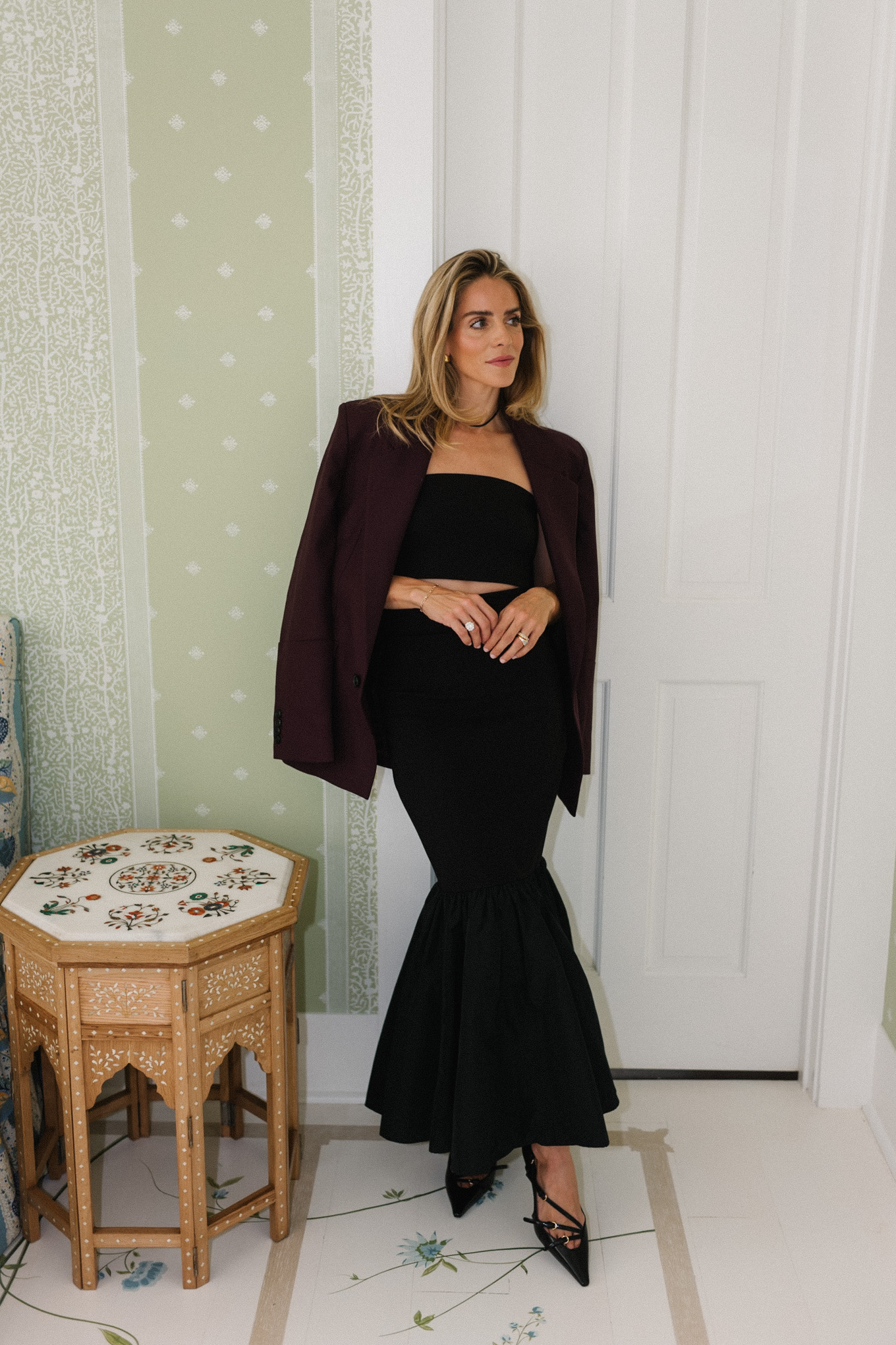 black skirt set burgundy blazer