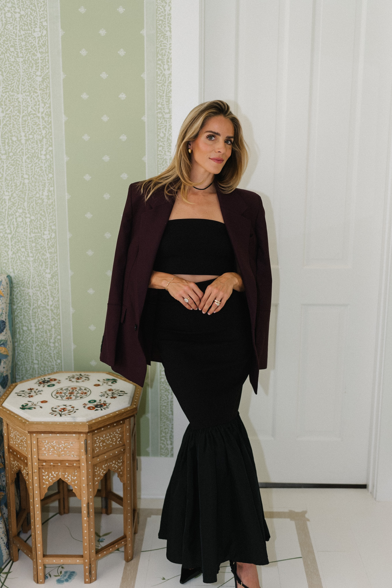 black skirt set burgundy blazer