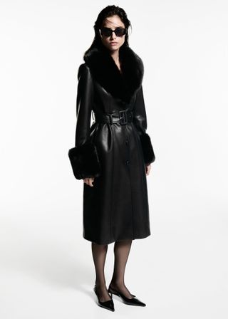 MANGO Leather-Effect Coat With Fur-Effect Trim 