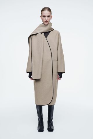 Leather-Trimmed Wool Scarf Coat