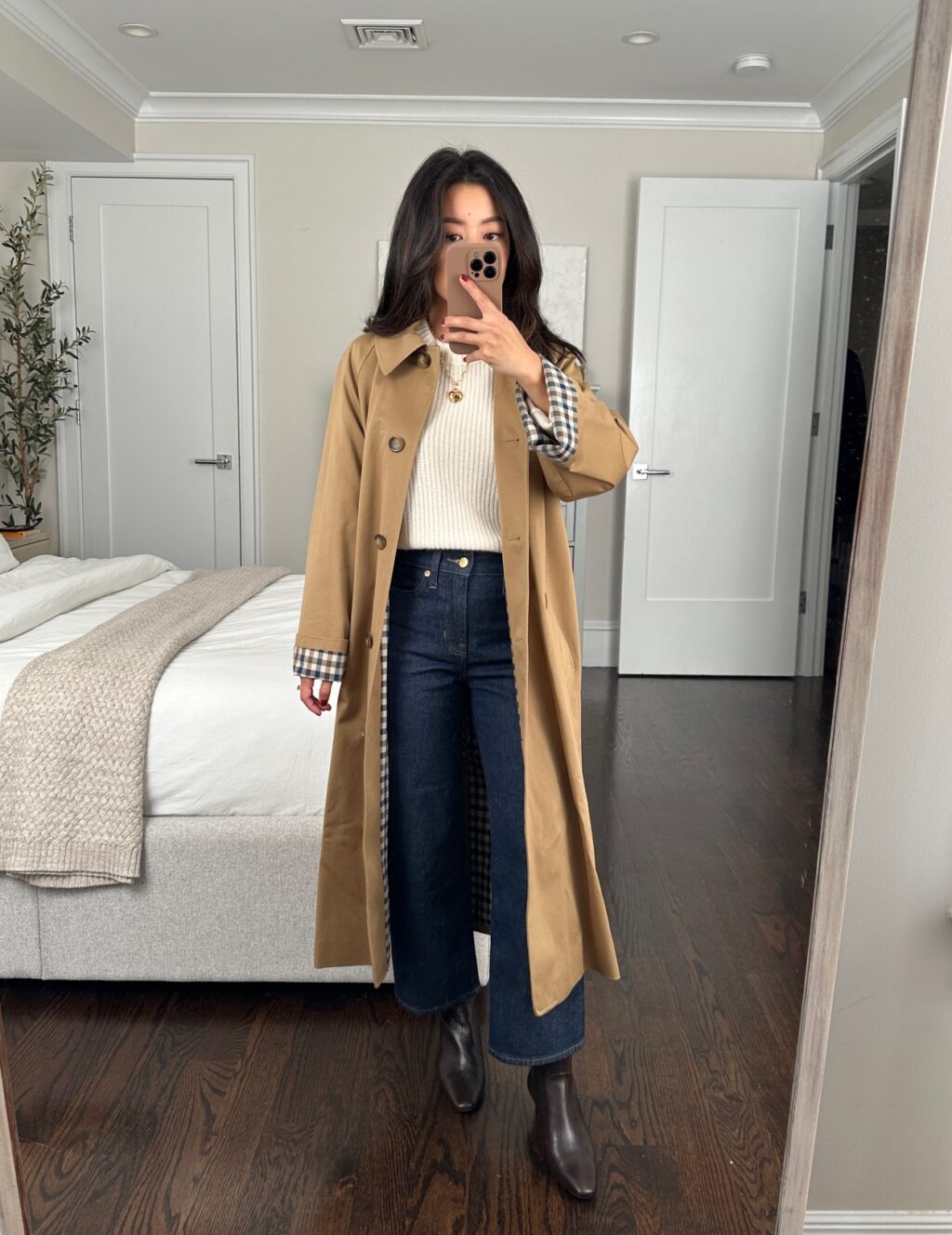 Sezane clyde trench coat J. Crew slim wide jeans petite friendly winter outfits