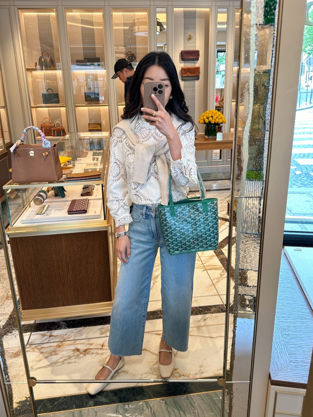 paris outfit sezane lace top goyard anjou mini bag flagship prices 2024