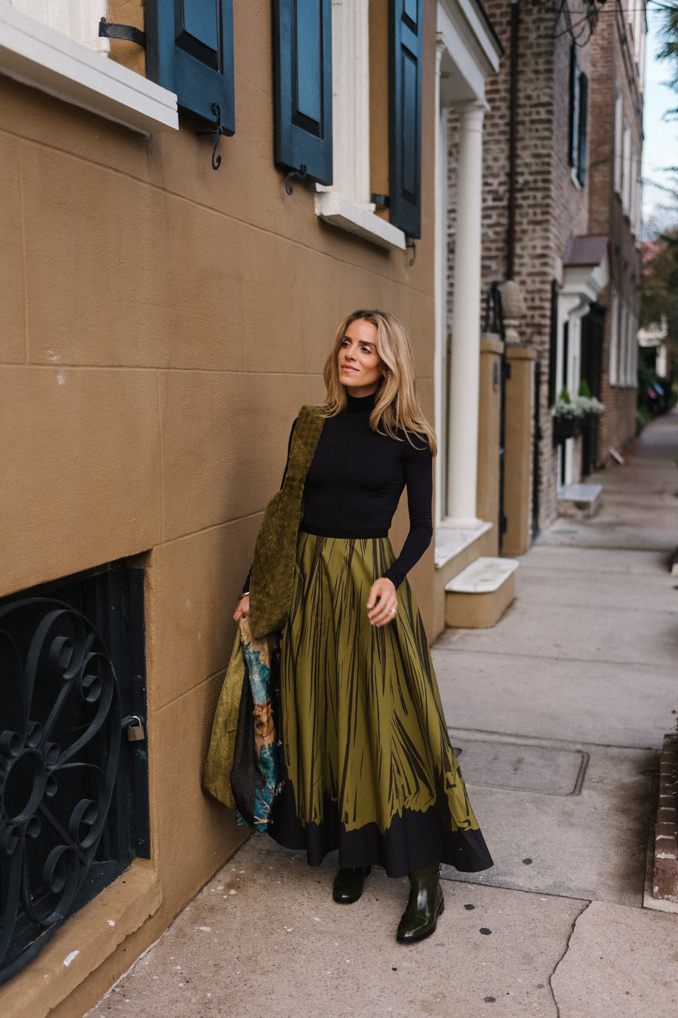 black turtleneck silk green maxi skirt