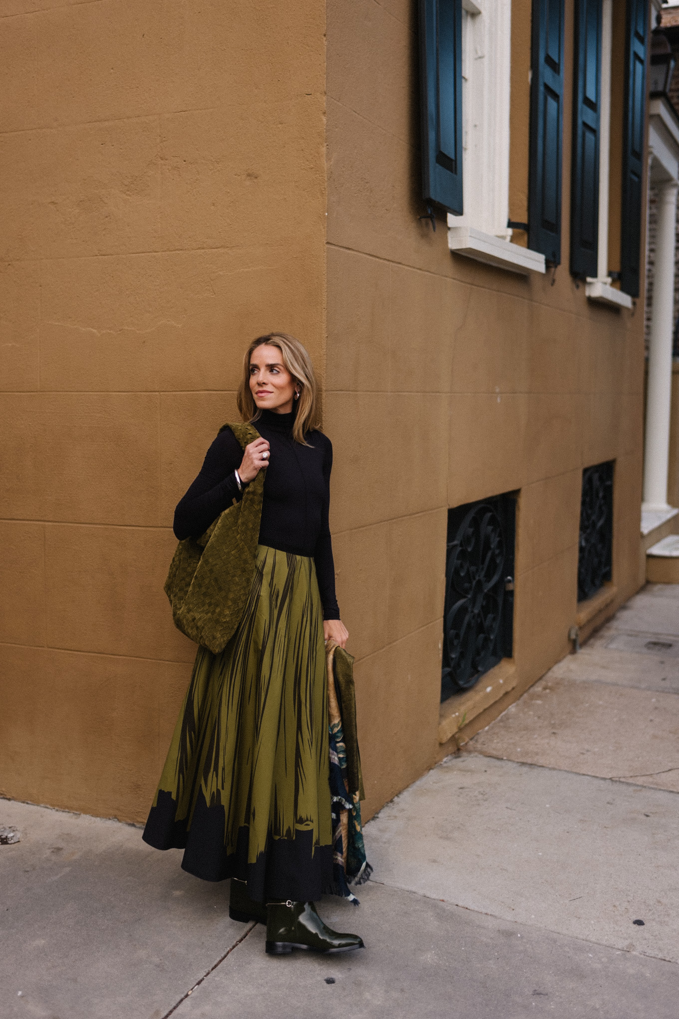 black turtleneck silk green maxi skirt