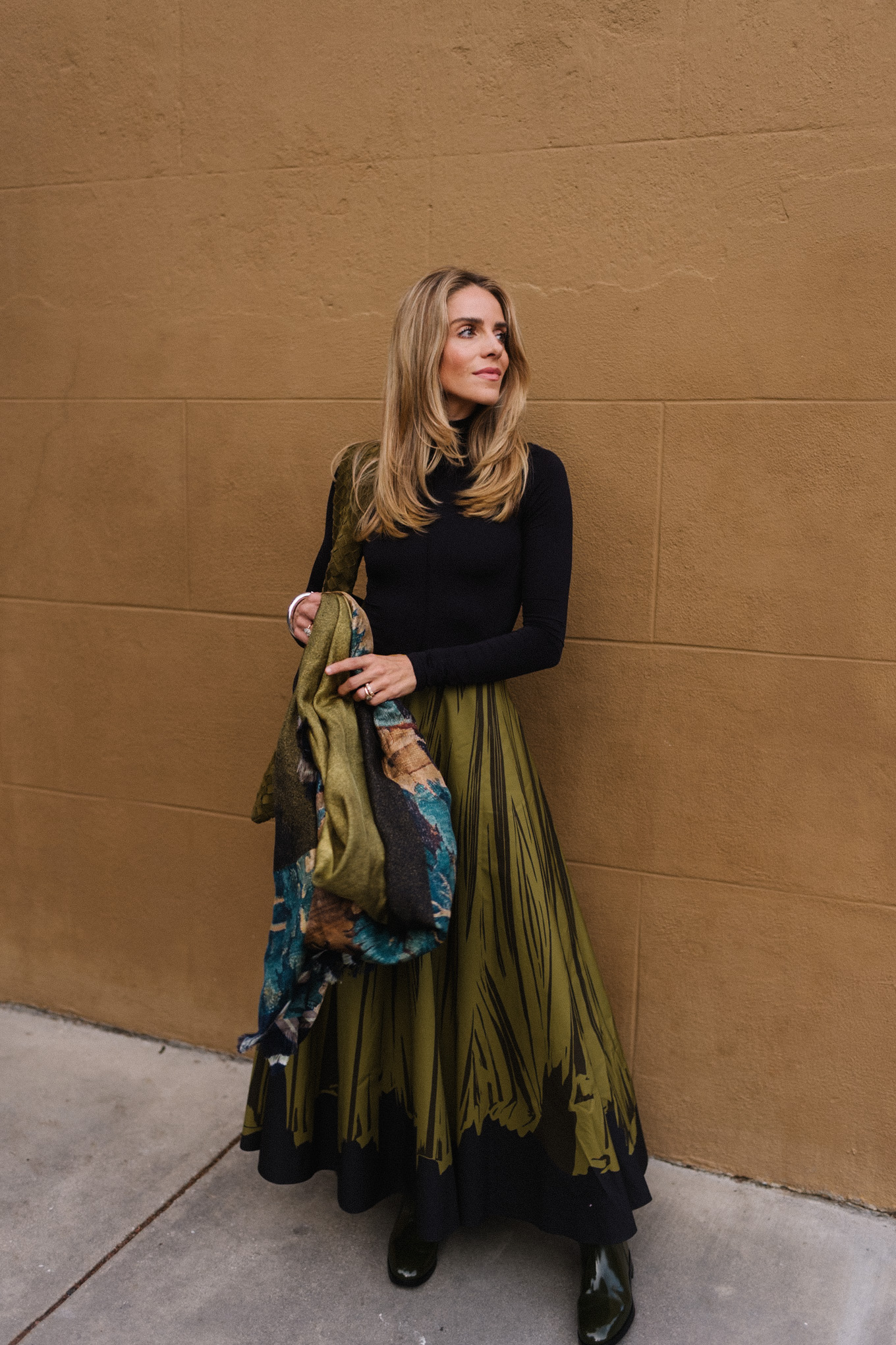 black turtleneck silk green maxi skirt