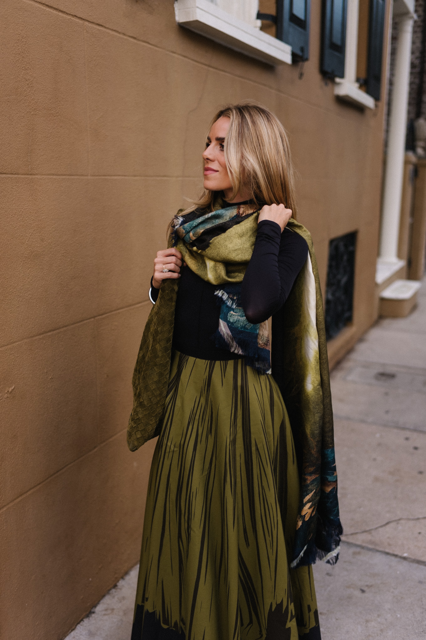 black turtleneck silk green maxi skirt