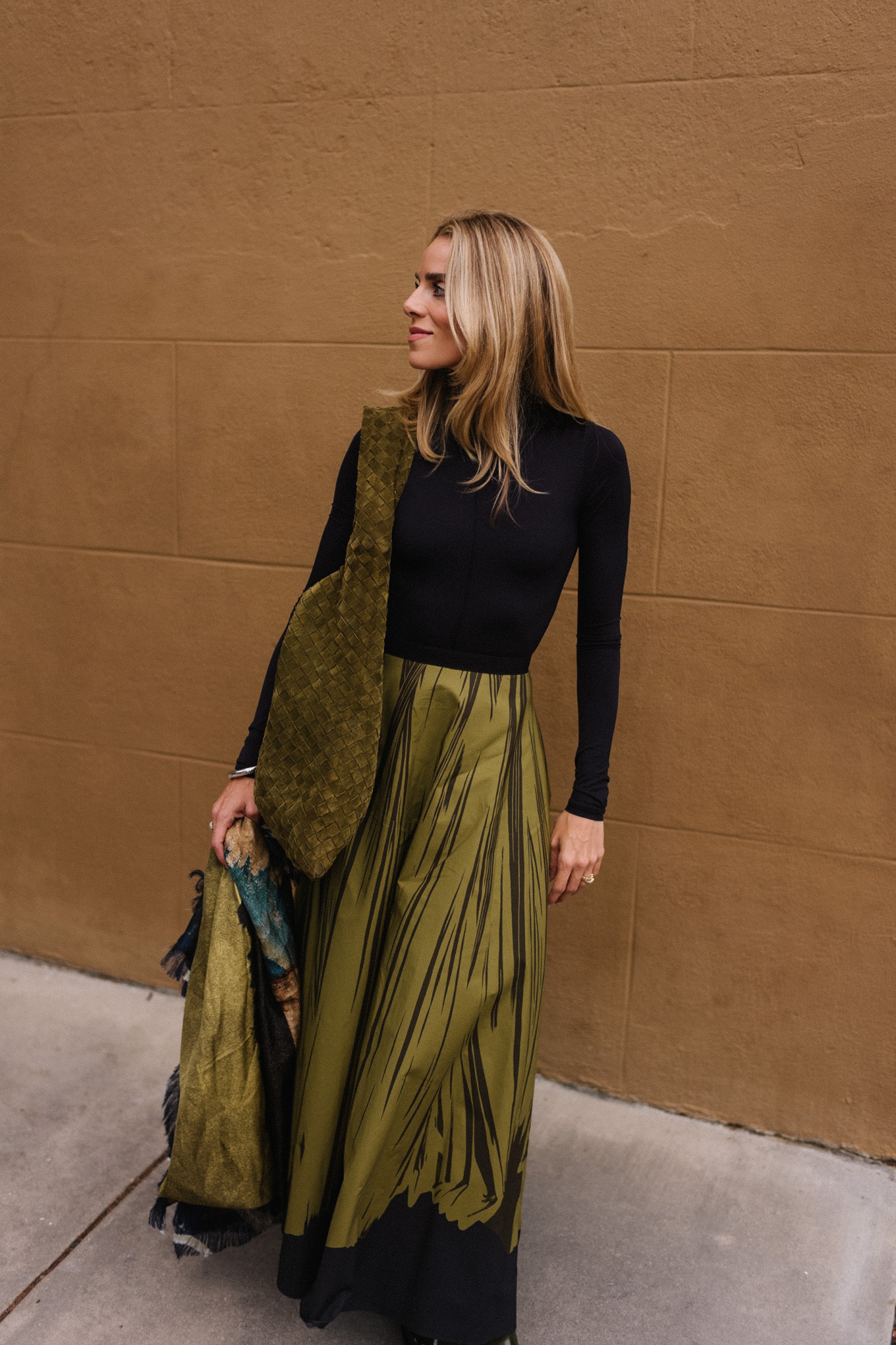 black turtleneck silk green maxi skirt