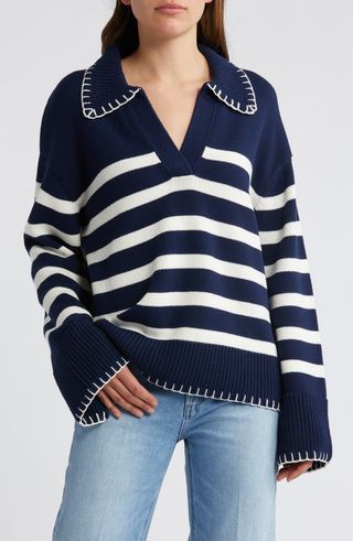 Athena Stripe Cotton Johnny Collar Polo Sweater