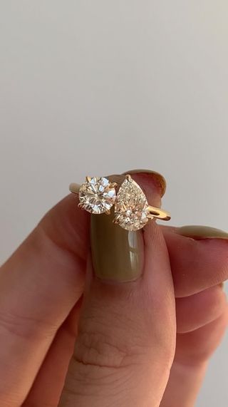 Champagne and white diamond toi-et-moi ring from Steph Mazuera.