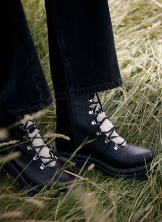 Black Leather Borg Hiking Boots