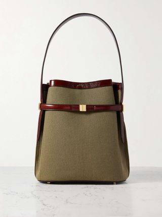 Belted Textured Leather-Trimmed Canvas Tote