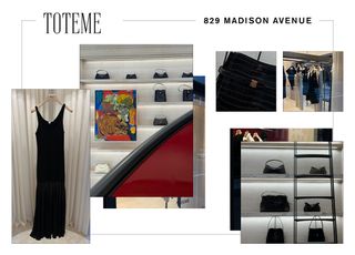 The interior of Toteme's UES store with the brand's name printed in serif text and the address in sans serif "829 Madison Avenue."