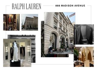 The interior of Ralph Lauren's UES store with the brand's name printed in serif text and the address in sans serif "888 Madison Avenue."