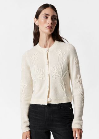 Floral-Appliqué Knit Cardigan