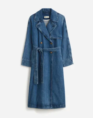 Madewell, Denim Double-Breasted Crop Trench Coat in Ravenwood Wash