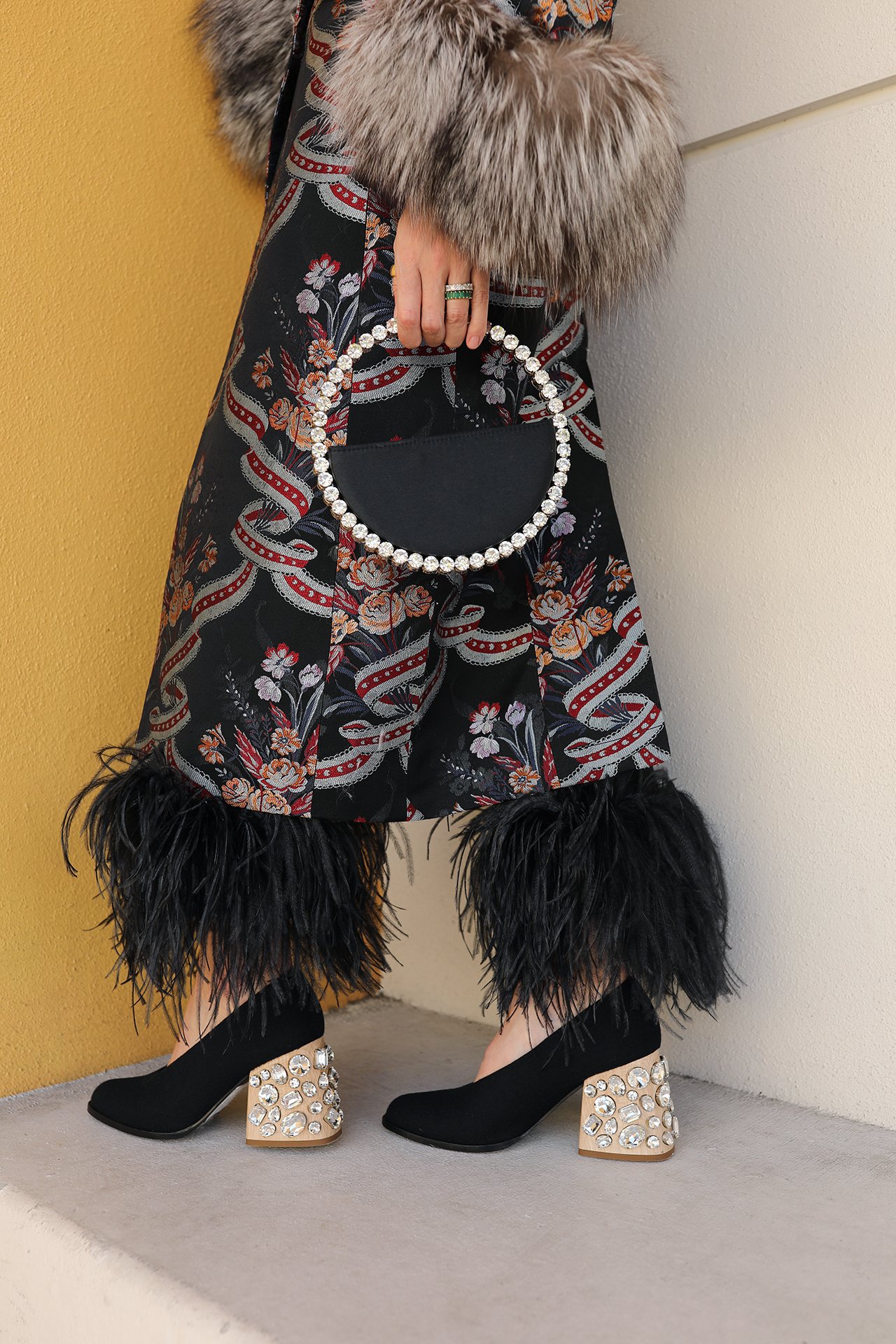 fur cuff coat, sparkle purse, marni heels, feather trim pant look, how to wear feathers