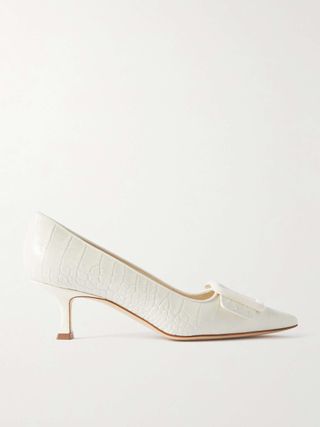 Maysale 50 Buckled Suede-Trimmed Croc-Effect Leather Point-Toe Pumps