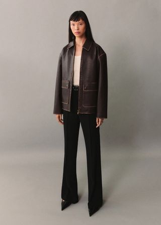 Mango, Leather-Effect Jacket With Contrast Stitching