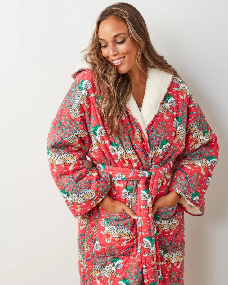 Flannel Quilted Hooded Sherpa Robe in Holly Jolly Bagheera