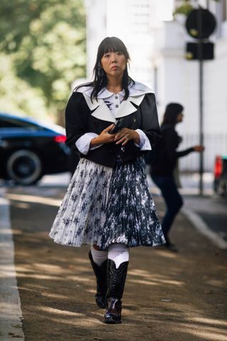 Susie Bubble wearing a Chopova Lowena skirt.