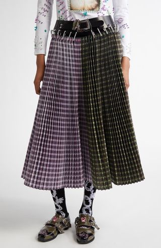 Catherine Mixed Plaid Pleated Carabiner Midi Skirt