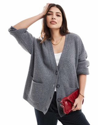 Stradivarius Oversized Knitted Cardigan in Grey