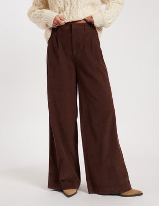 Brown Cord Pleated Wide Leg Trousers