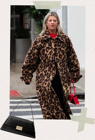 One of the best Michael Kors bags is shown in a street-style photo of a woman wearing a red sweater under a cheetah print coat with black trousers and a red Michael Kors Ludlow Shoulder Bag