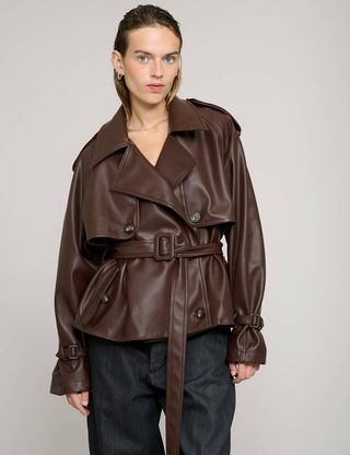 Brown Cropped Leather Trench