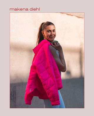 Woman wearing a workout set and holding a pink quilted jacket.