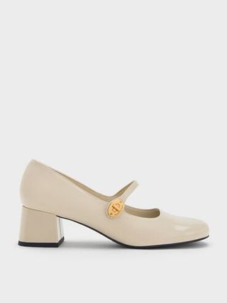 Hettie Patent Metallic-Buckle Block-Heel Mary Janes