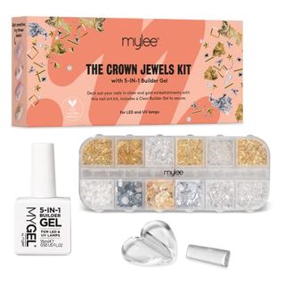 Mylee Crown Jewels Nail Art Kit, 12-Piece Set + 5 in 1 Clear Builder Gel, Silver & Gold Decorations, Metal Rhinestones Studs, for Gel, Acrylic, & Natural Nails, Curving Tool, Professional & Beginner