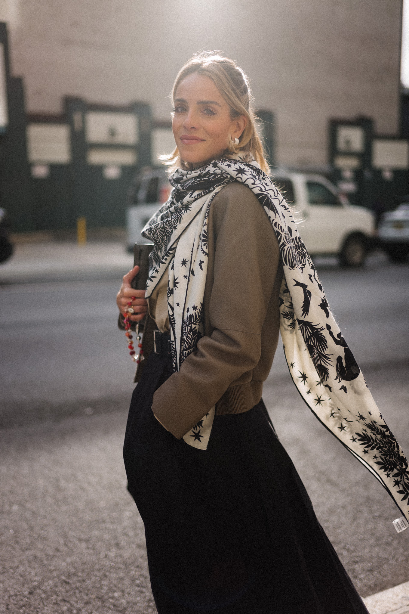 deerskin cropped jacket tan oxford shirt black skirt silk scarf black boots