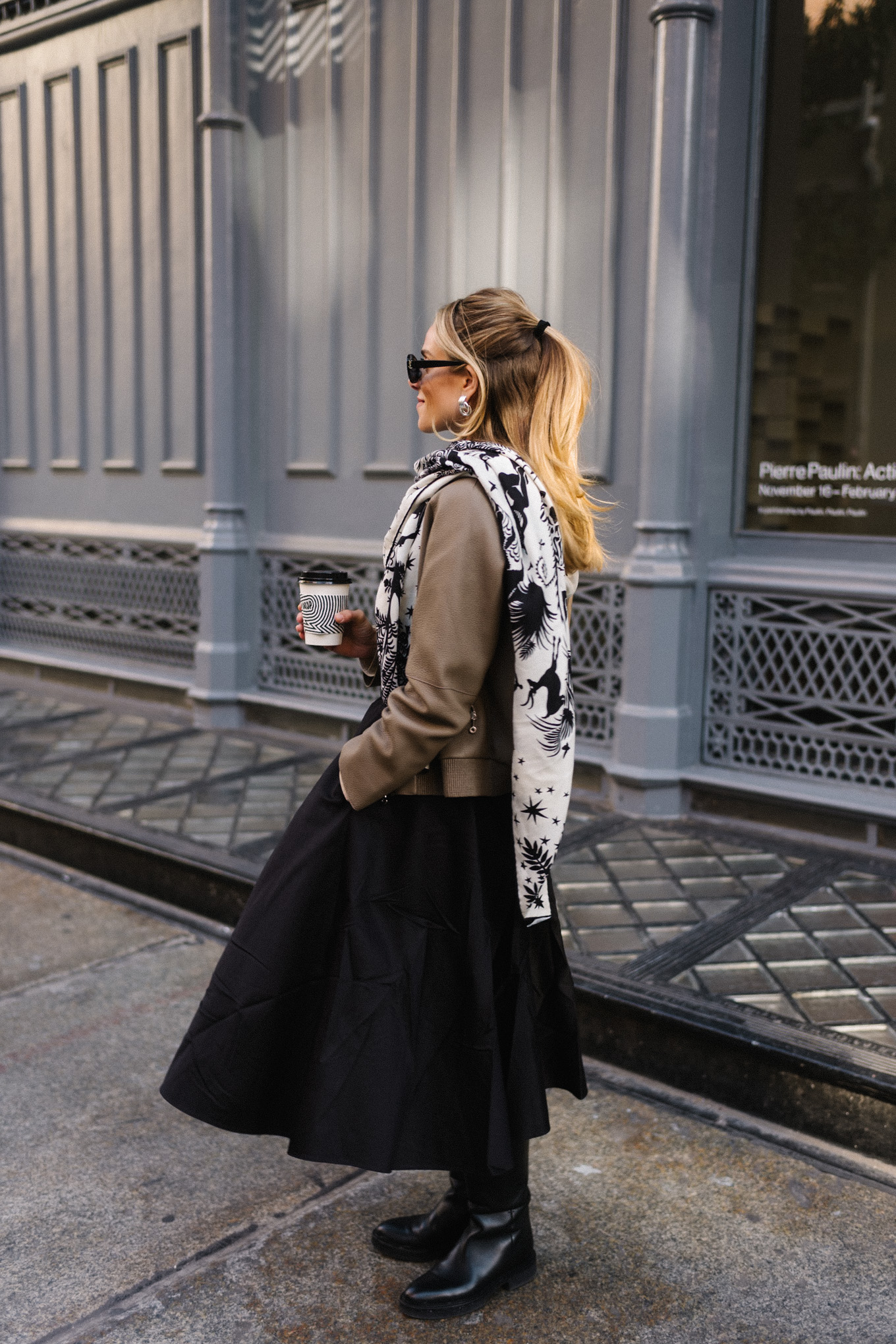 deerskin cropped jacket tan oxford shirt black skirt silk scarf black boots