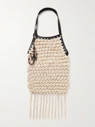 Popcorn Shopper Leather-Trimmed Fringed Crocheted Waxed-Cotton Tote