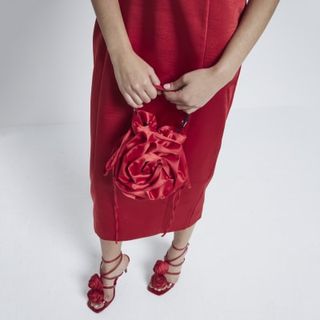 Red Satin Flower Corsage Clutch Bag