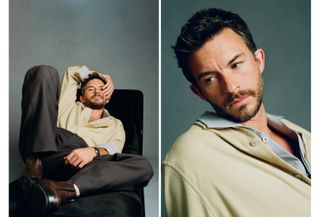 Jonathan Bailey wears a Zegna yellow and blue layered button-down shirt and brown trousers.