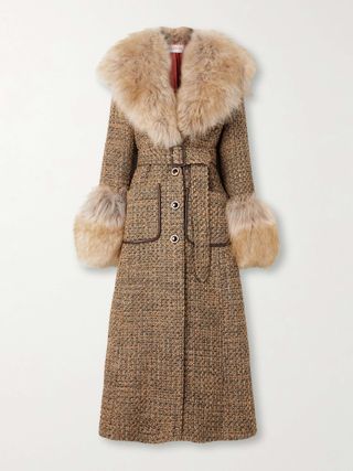 Faux Fur-Trimmed Belted Wool-Blend Tweed Coat