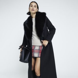 Black Faux Fur Collar Coat