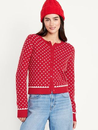 SoSoft Holiday Print Crop Cardigan Sweater