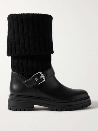 Chalet Buckled Leather and Ribbed-Knit Ankle Boots