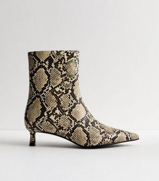 Off White Snakeskin-Look Pointed Kitten Heel Ankle Boots