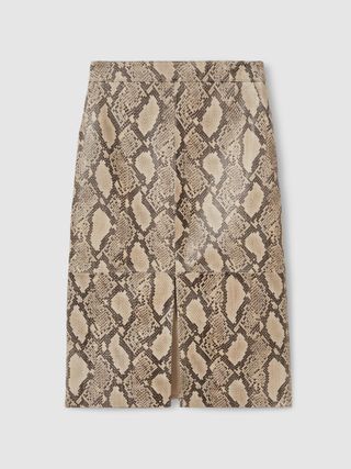 Leather Snakeskin-Effect Pencil Skirt in Neutral