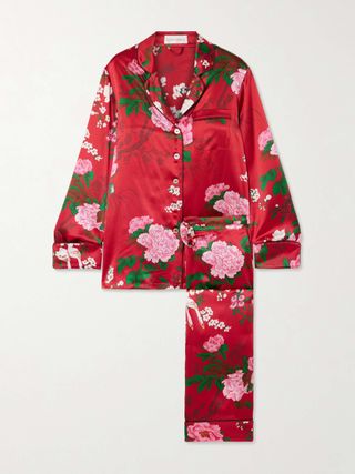 Lila Floral-Print Silk-Satin Pajama Set